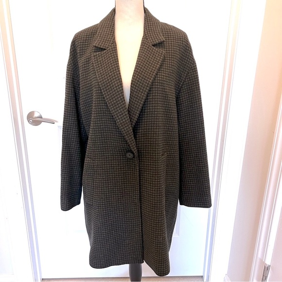Zara Black and Brown Houndstooth Wool Coat SZ L - Picture 1 of 5